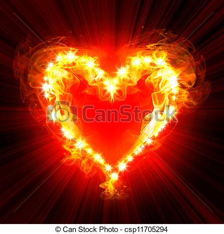 Burning Heart With Fireworks On A Dark Background