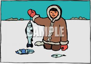 Cartoon Of An Eskimo Child Ice Fishing   Royalty Free Clipart Picture