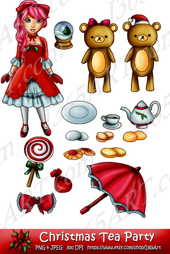 Christmas Tea Party Hand Drawn Clipart Set Includes Christmas Girl T