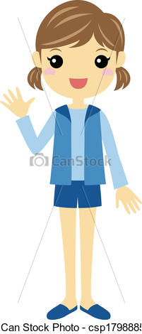 Clipart Vector Of A Girl Waving   A Standing Girl Wearing Blue Shorts