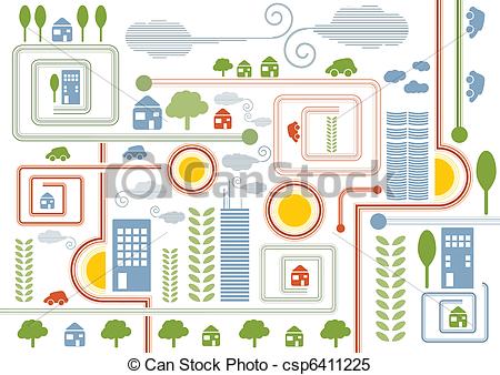 Clipart Vector Of City Map Retro Illustration With Colorful Icons Of