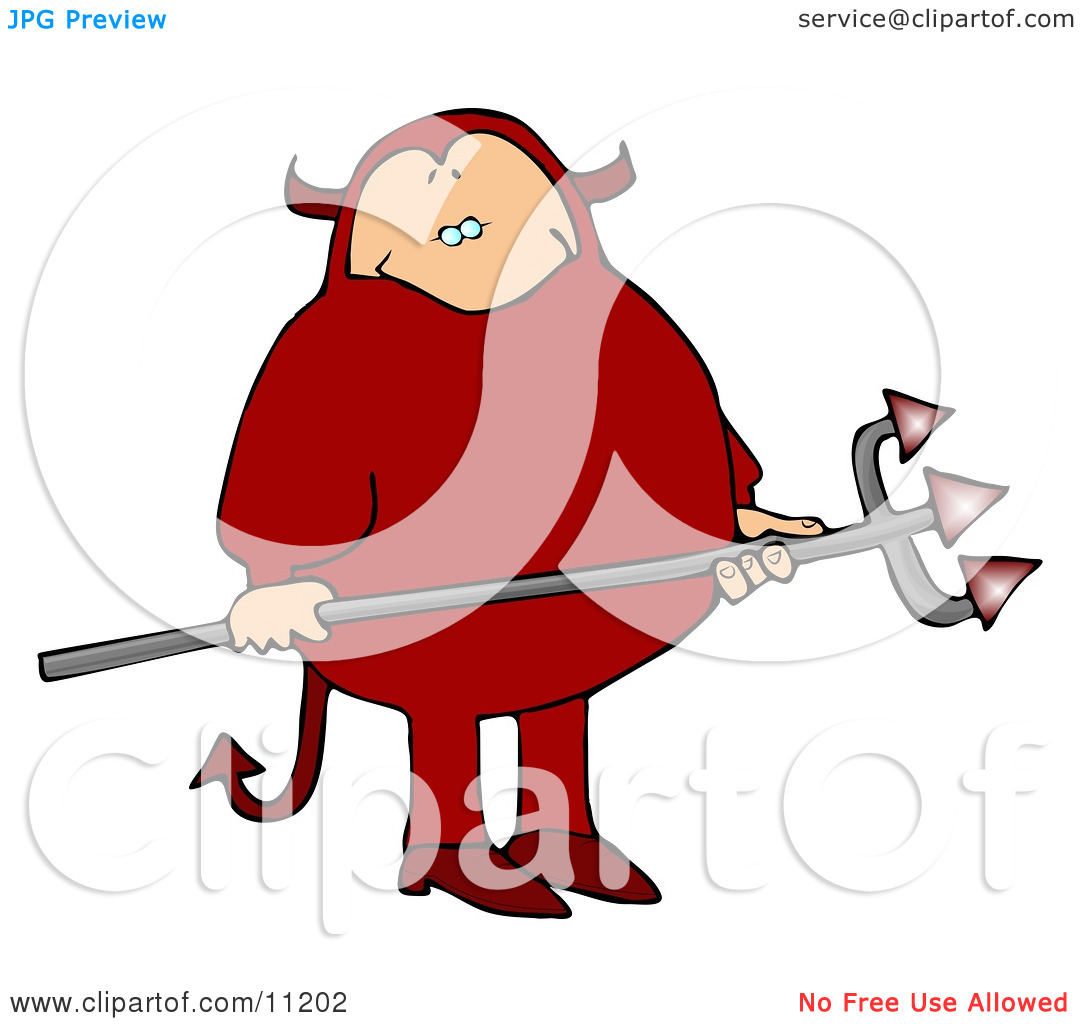 Fat Man In A Red Devil Costume Carrying A Pitchfork Clipart Picture