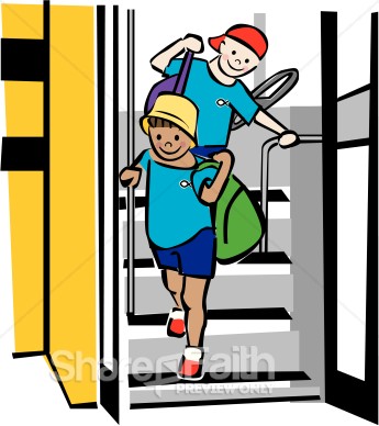Happy Kids Leaving Schoolbus   Christian Education Clipart