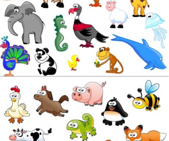 Set Of Vector Beautiful Cartoon Animals With Elephant Monkey Chicken