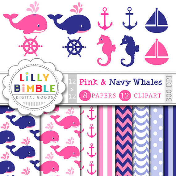 40  Off Pink Whale Clipart And Digital Papers Navy Whales Sailboat