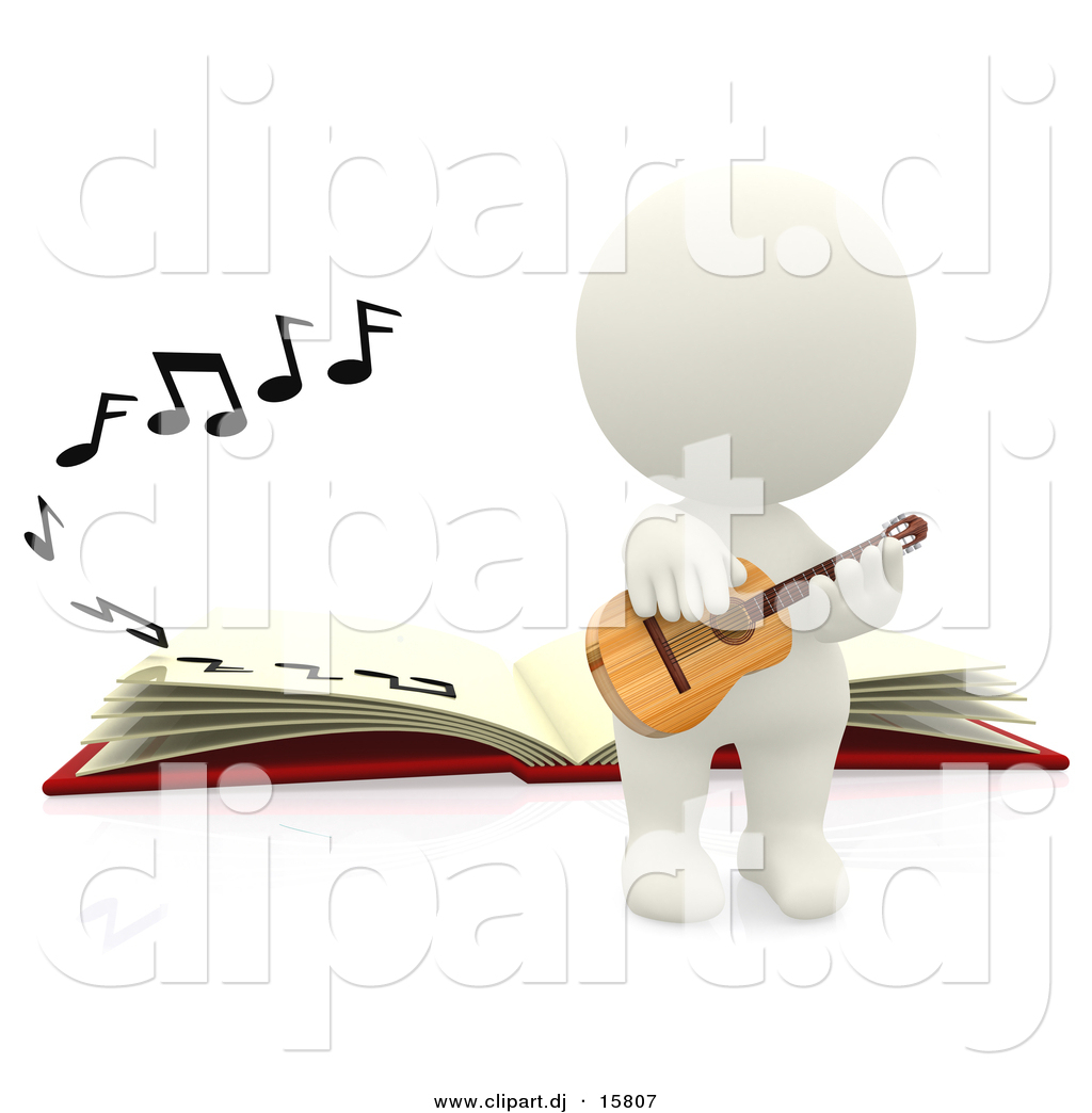   Clipart Of A 3d White Person Playing Acoustic Guitar Beside A Book    