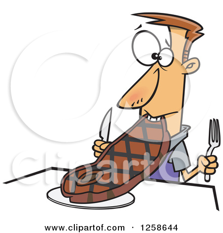Clipart Of A Cartoon Caucasian Man Trying To Eat A Giant Steak