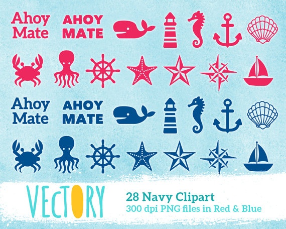 Icons Navy Clipart Sea Clip Art Red Blue Octopus Crab Boat Whale