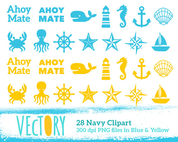 Icons Navy Clipart Sea Clip Art Yellow Blue Octopus Crab Boat Whale