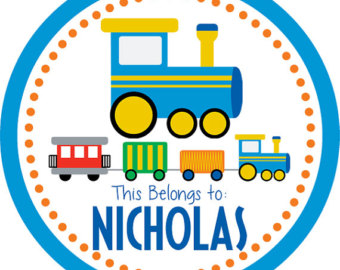 Name Label Stickers   Blue And Orange Polka Dots Cute Train