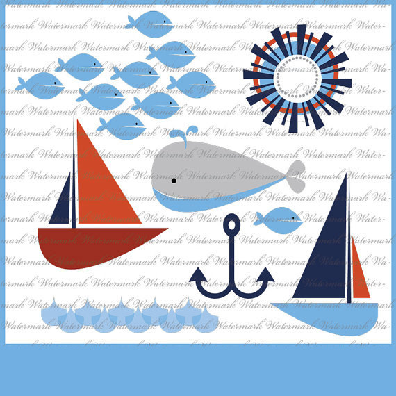 Nautical Clip Art Sailboat Clipart Whale Graphic Navy Blue Red White    