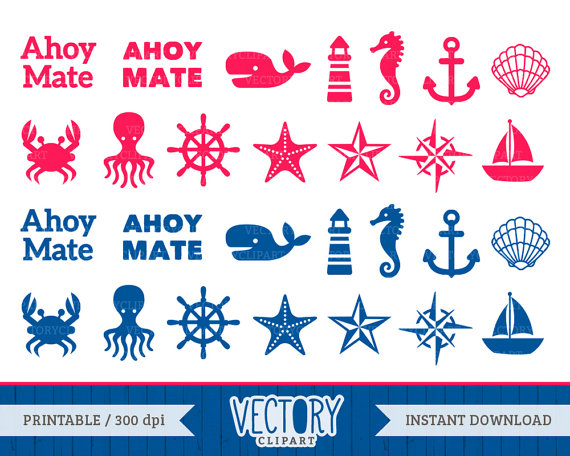 Nautical Clipart Navy Clipart Sea Icons Octopus Crab Boat Whale    