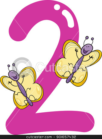 Number Two And 2 Butterflies Stock Vector Clipart Cartoon