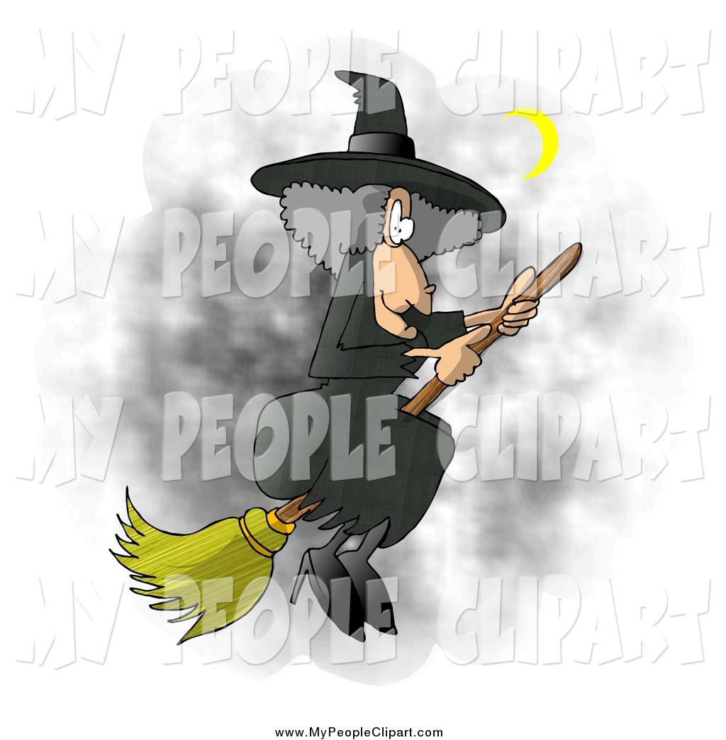 Witch Flying On A Broomstick In The Dark Night Sky During Halloween