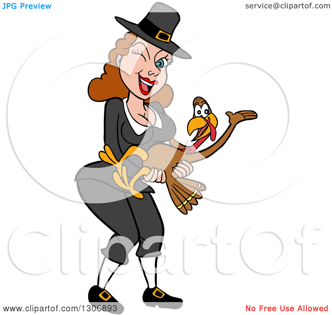 Clipart Of A Cartoon Winking Sexy Pilgrim Woman Holding A Turkey Bird