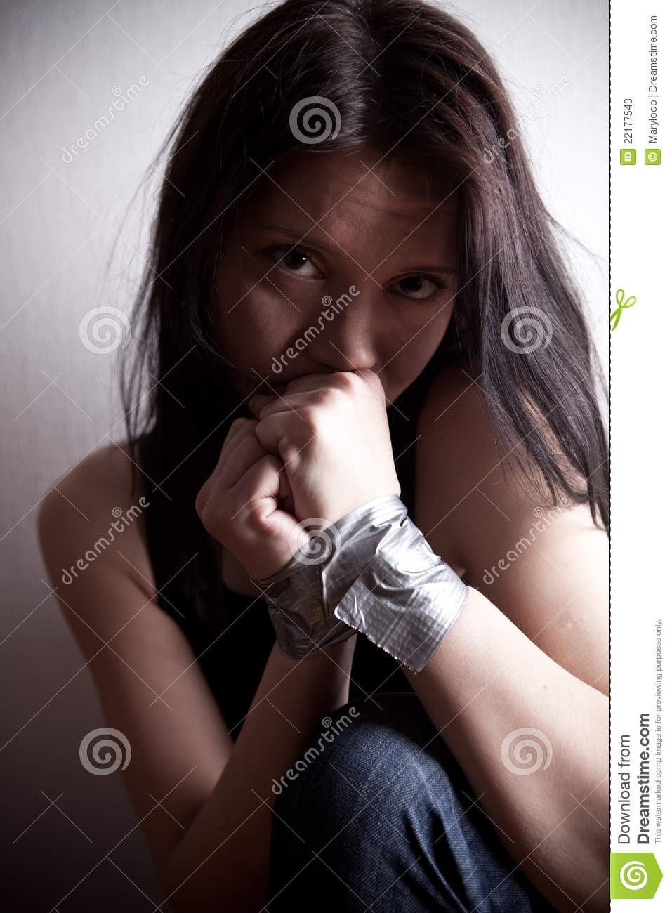 Kidnapped Young Woman Hostage Closeup On White Background 