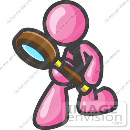 Royalty Free Clipart Of A Pink Guy Character Using A Magnifying Glass