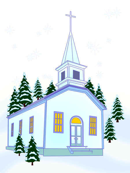 Wintery Mountain Scene With Church Clip Art   Free Christmas Image