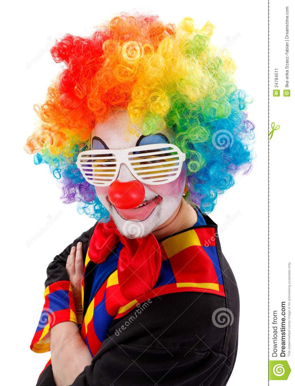 Clown Wearing Colorful Wig And White Funny Shutter Shades Sunglasses