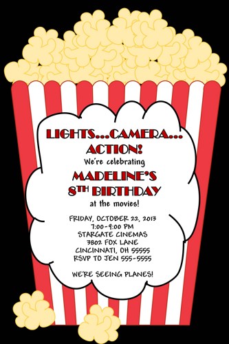 Popcorn Movie Custom Designed Birthday Invitation Add Photo