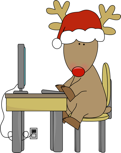Reindeer Wearing A Santa Hat And Sitting At A Desk Using A Computer