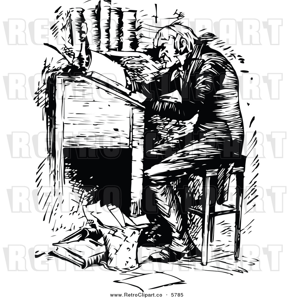 Vector Clipart Of A Retro Scene Of Ebenezer Scrooge Working At A Desk