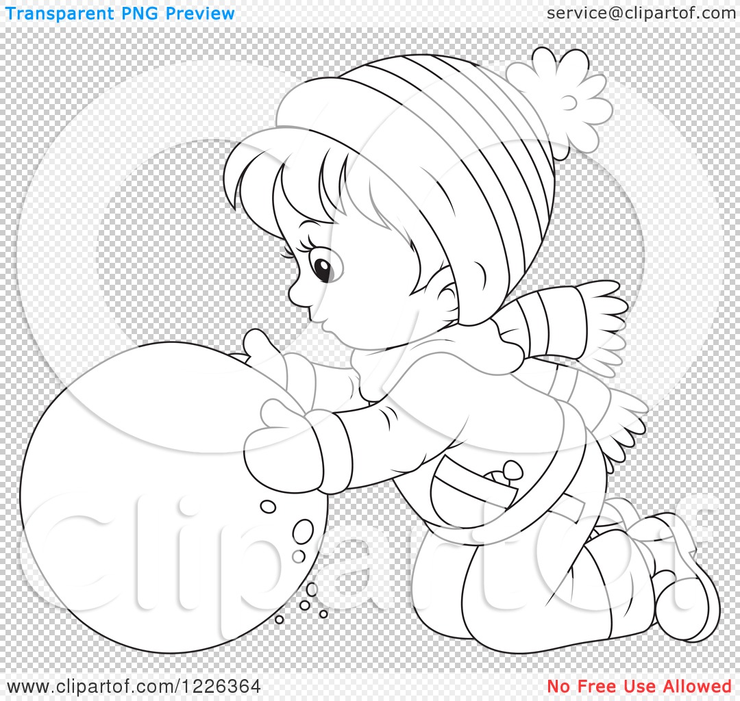 Clipart Of An Outlined Boy Rolling A Ball Of Snow   Royalty Free