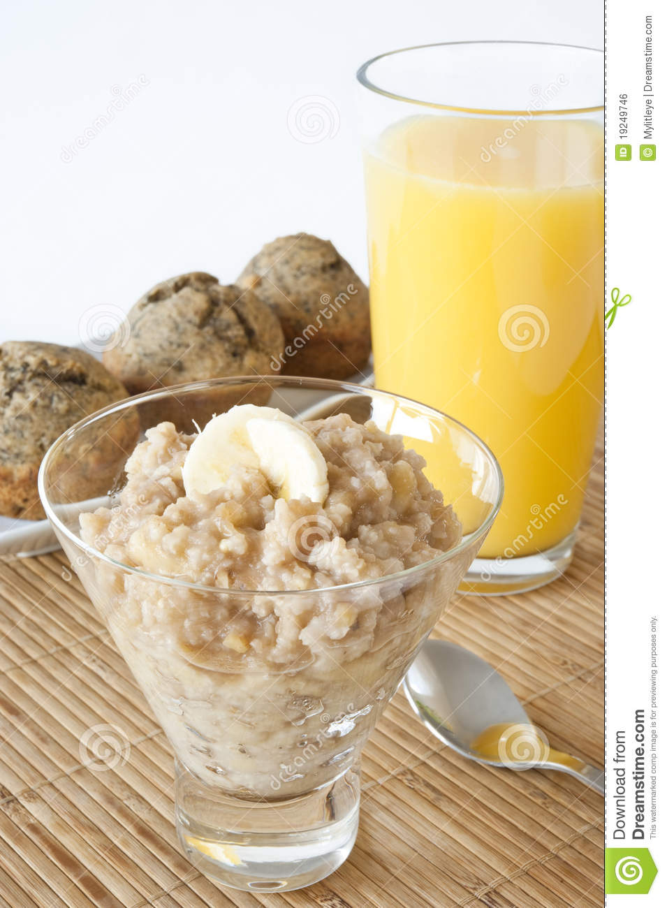 Dish Of Millet Banana Pudding With Banana Muffins And Orange Juice
