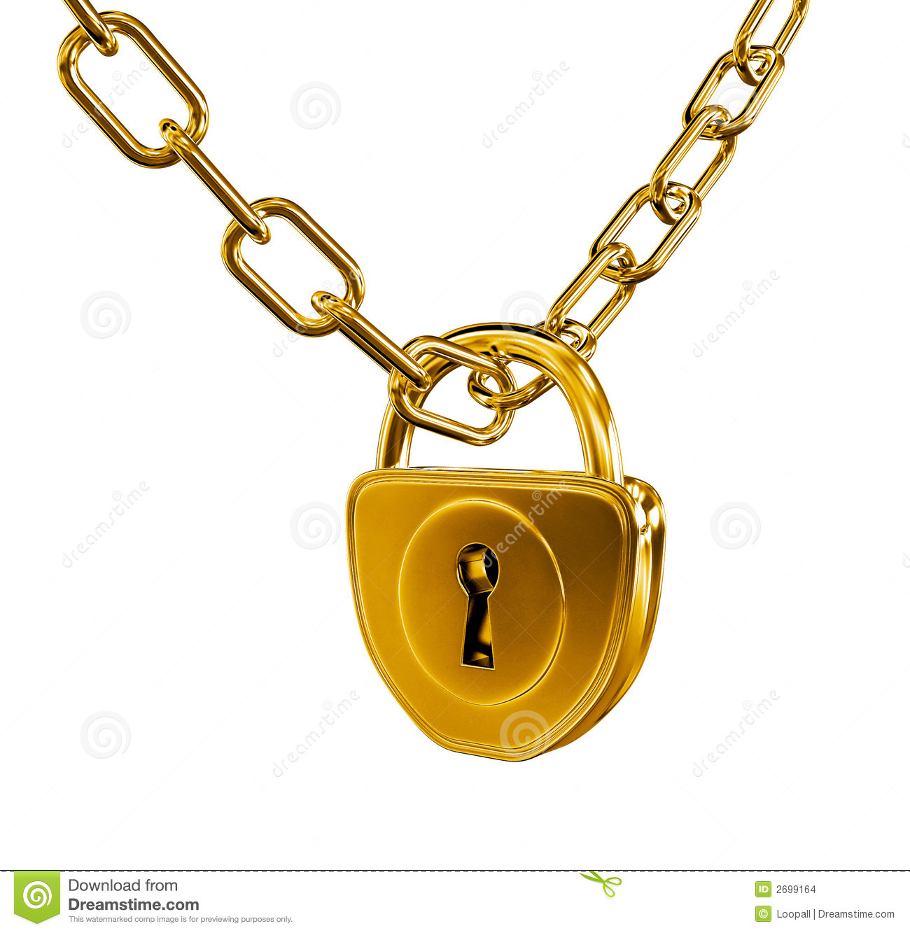 Gold Lock With Chain 3d Model Illustration Isolated With Clipping Path