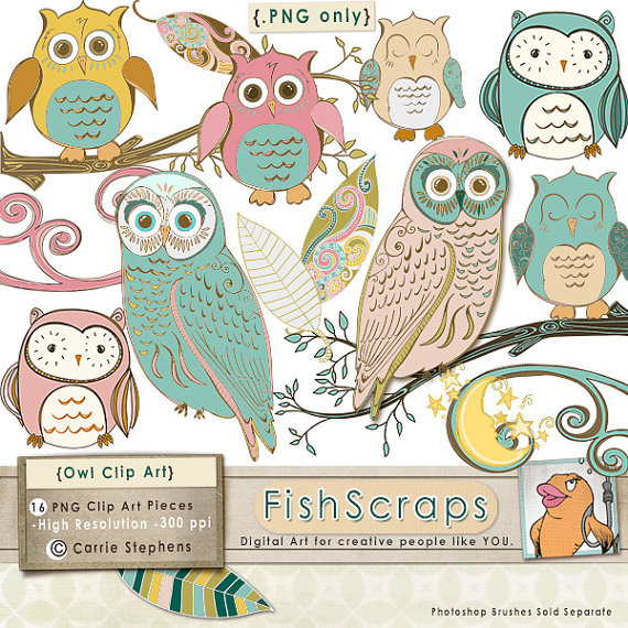 50  Sale   Owl Clip Art   Digital Owl Clipart   Vintage Style Graphics