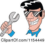 Cartoon Of A Grinning 50s Greaser Man Holding A Wrench Royalty Free