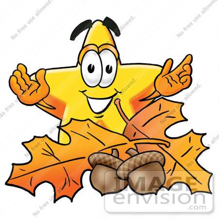 Clip Art Graphic Of A Yellow Star Cartoon Character With Autumn Leaves