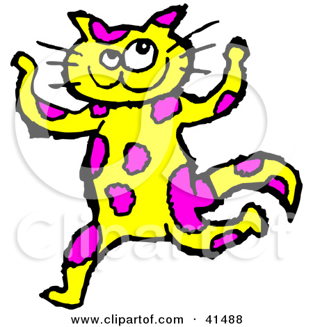 Clipart Illustration Of A Purple Spotted Yellow Cat Dancing By Prawny