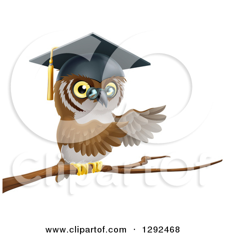 Clipart Of A Perched Professor Owl Presenting With His Wings From A