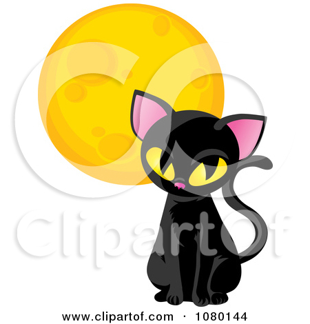 Clipart Sitting Black Cat And Yellow Moon   Royalty Free Vector