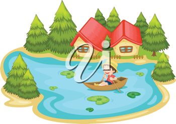      Clip Art Image Of A Boy Rowing His Boat On A Lake  Clipart Image Jpg