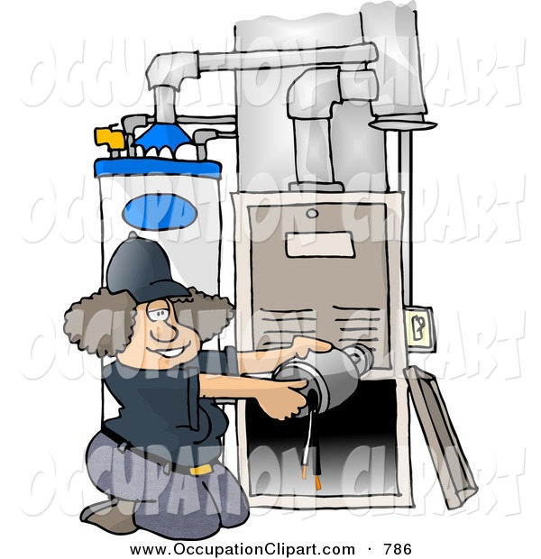 Clip Art Of A Caucasian Woman Repairing A Broken Furnace Attached To A