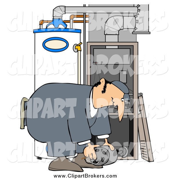 Clip Art Of A White Furnace Repair Man Bending Over While Working On A