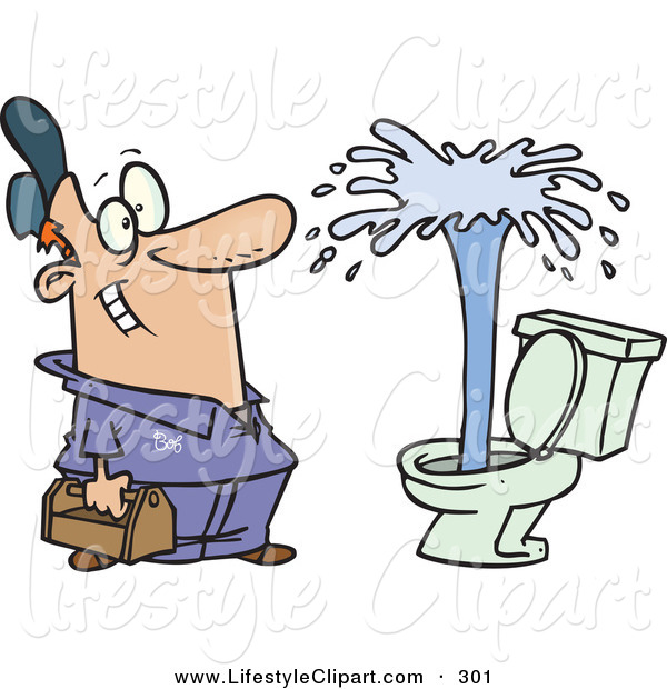 Lifestyle Clipart Of A Happy Caucasian Male Plumber Viewing A Geyser    