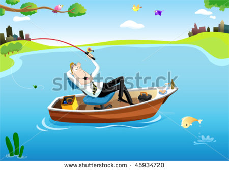 On A Boat While Fishing In The Middle Of The Lake   Stock Vector