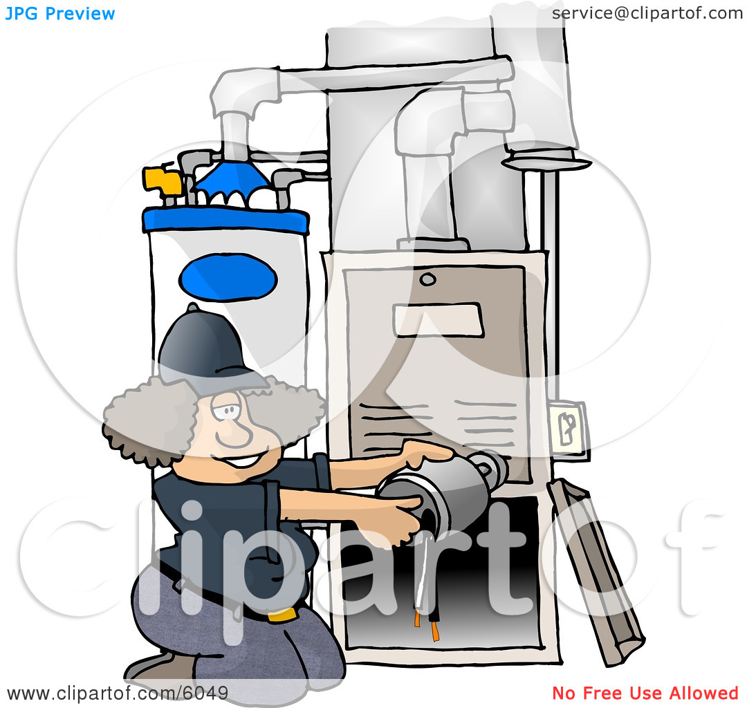 Repairing A Broken Furnace Attached To A Water Heater Clipart Picture
