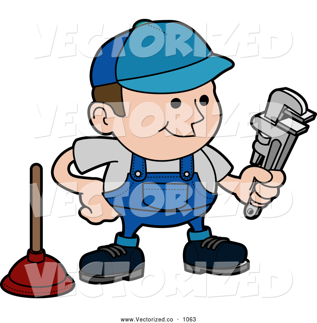 Royalty Free Clipart Of A Cheerful And Friendly Male Plumber In A Blue