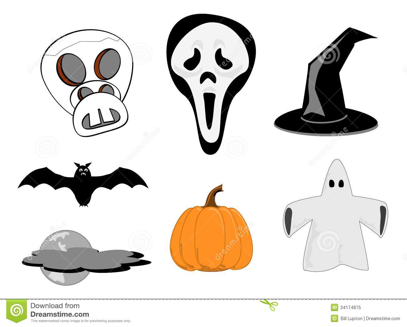 Spooky Halloween Objects Skull Scream Mask Witches Hat Bat Moon Cloud