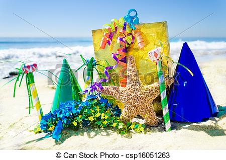 Stock Image Of Birthday Decorations On The Beach   Birthday