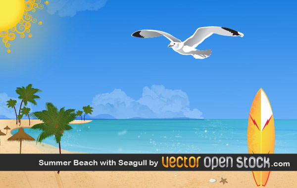Summer Beach With Seagulls Vector   123freevectors