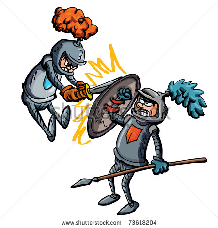 Two Cartoon Knights Fighting Using Swords And Spears   Stock Vector