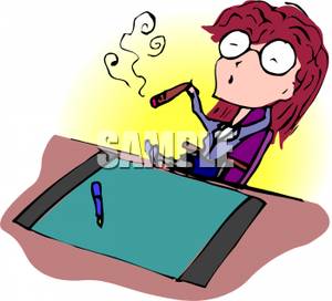 Woman Relaxing At Her Desk And Smoking   Royalty Free Clipart