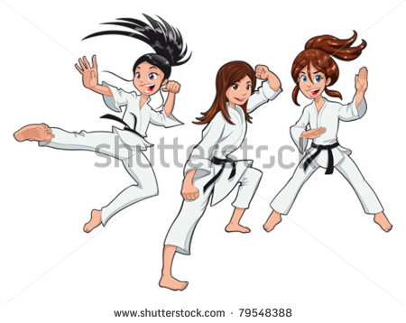 Young Girls Karate Players  Vector Cartoon Isolated Characters