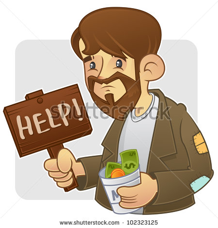 Beggar Begging For Money Holding Wooden Board With Help Sign   Stock