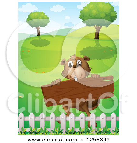 Clipart Of A Beaver Holding A Wood Sign In A Yard   Royalty Free    